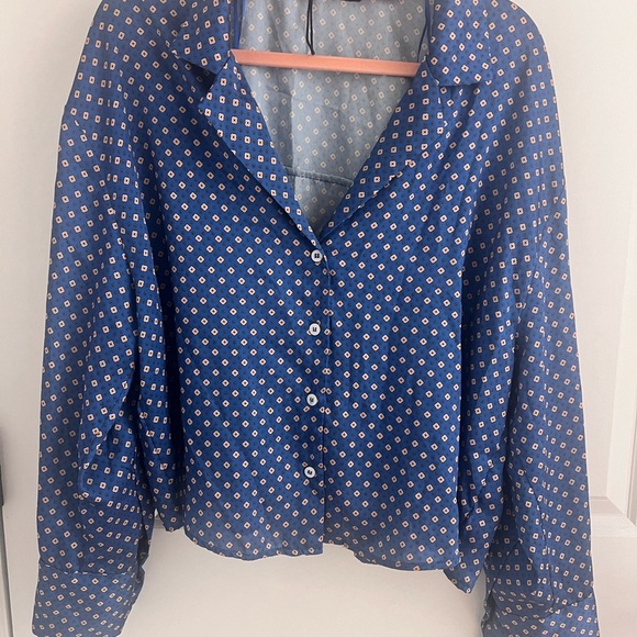 Zara Blue Boxy Satin Button Down Shirt with Notched Collar Size Large - Picture 5 of 10